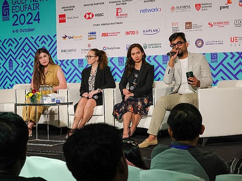 Miljana Jovanovic, Senior Recruitment Manager, INTO Global, Rinnlyn Inoue, Student Recruitment Manager, MENA, OnCampus, Symbat Ormanbek, Marketing Manager, Study Group, and moderator Varun Jain, CEO, UniHawk seen during the panel discussion “Pathway programmes to top universities: Unlocking global opportunities” on the second day of Gulf News Edufair 2024