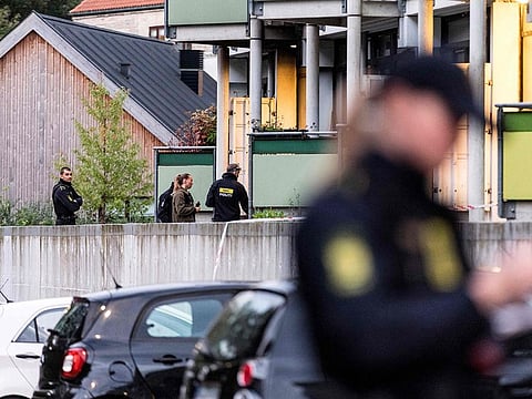 Danish police and forensic technicians examine the site of an explosion at a residential building at Rymarksvej in Copenhagen, Denmark on October 7, 2024.