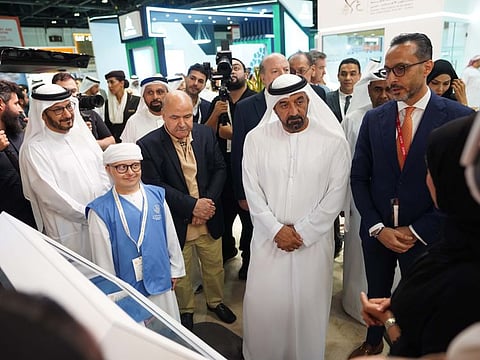 Sheikh Ahmed bin Saeed Al Maktoum, Chairman of the Dubai Civil Aviation Authority, Chairman of Dubai Airports, and CEO of Emirates Airline and Group, touring the event at Dubai World Trade Centre on Monday
