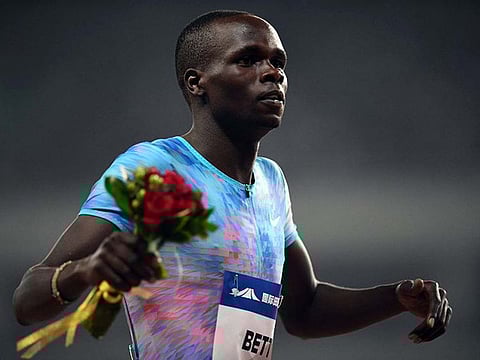 Kipyegon Bett of Kenya reacts after victory in the men’s 800 meter during the Shanghai Diamond League athletics competition in Shanghai.