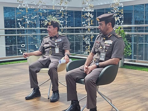 Major General Sultan Yusuf Al Nuaimi with Major General Aref Mohammed Al Shamsi at a media gathering in Sharjah on Monday.