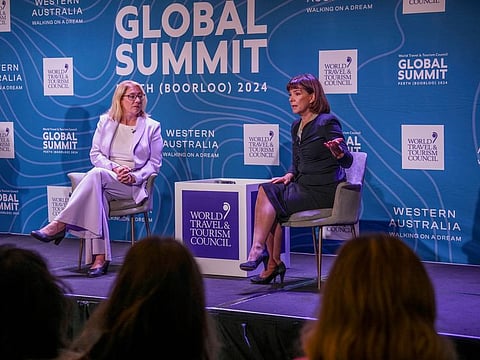 World Travel and Tourism (WTTC) President and CEO Julia Simpson and Rita Saffioti, Western Australia’s Deputy Premier, Treasurer and Minister for Transport and Tourism at a press briefing ahead of the WTTC Global Summit