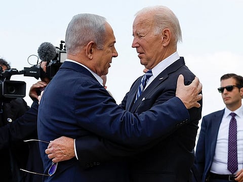 US President Joe Biden is welcomed by Israeli Prime Minster Benjamin Netanyahu in Tel Aviv, on October 18, 2023.