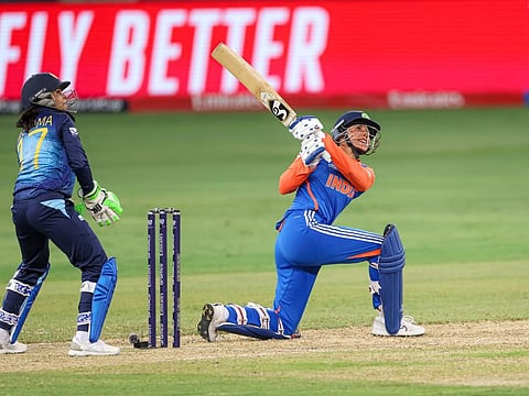 Smriti Mandhana of India plays a shot against Sri Lanka in the Women's T20 World Cup at Dubai International stadium on Wednesday.