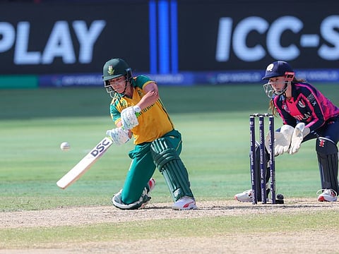 Marizanne Kapp of South Africa plays a shot against Scotland in the 11th Match of ICC Women's T20 World Cup, at Dubai International stadium on Wednesday. Photo: Virendra Saklani/Gulf News