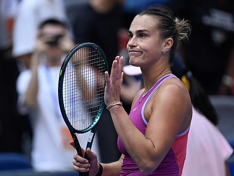 Belarus's Aryna Sabalenka celebrates after beating Czech Republic's Katerina Siniakova at Wuhan Open on Wednesday.