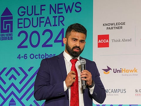 Ameen K, Head of Operations, Unique World Education, addressing the audience at the seventh edition of the Gulf News Edufair 2024