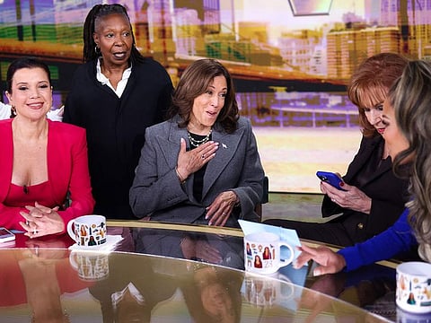 US Vice President and Democratic presidential nominee Kamala Harris is pictured in studio at ABC during a break during the recording of the show "The View" in New York on October 8, 2024.