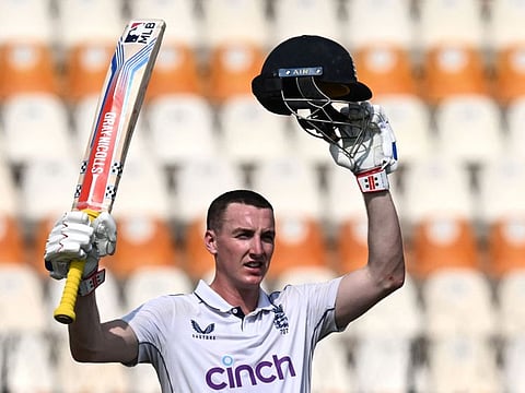 England's Harry Brook celebrates after scoring a triple century during the fourth day of the first Test against Pakistan in Multan on Thursday.