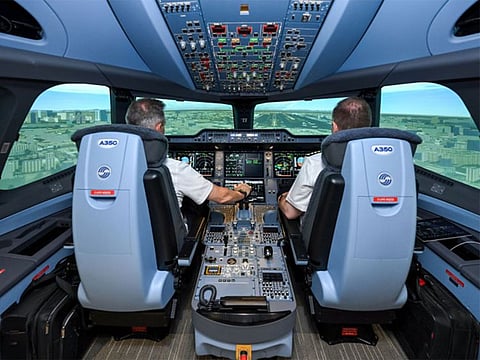 Emirates' pilots inside A350 full flight simulator.