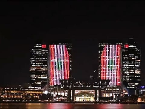 As part of the 'UAE stands with Lebanon' campaign, iconic buildings in Abu Dhabi light up in the colours of the Lebanon flag in support of the Lebanese people.