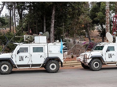 Vehicles of the UNIFIL patrol in Marjeyoun in southern Lebanon amid the ongoing war between Hezbollah and Israel.