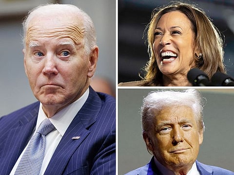 Clockwise from left: Joe Biden, Kamala Harris and Donald Trump