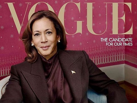 A cover shot by celebrity photographer Annie Leibovitz captured Kamala Harris in a chocolate-colored suit and a silk blouse, seated in an armchair.