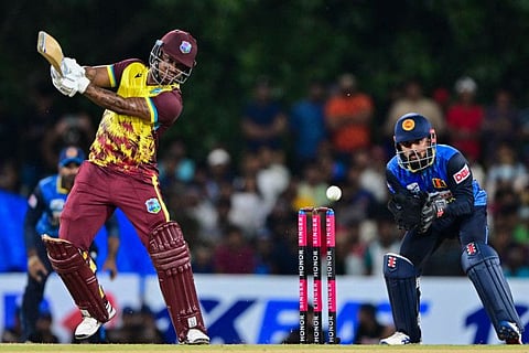 West Indies' Evin Lewis in action during the first Twenty20 international cricket match against Sri Lanka at the Rangiri Dambulla International Cricket Stadium in Dambulla on Sunday.