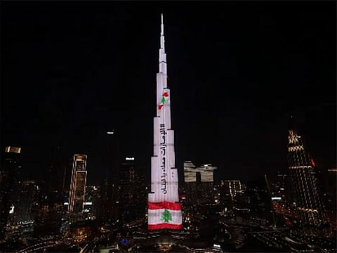 Burj Khalifa lights up with the Lebanese flag as part of the initiative "UAE Stands with Lebanon".