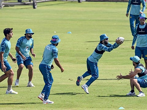 Pakistan players during a practice session with teammates on the eve of their second Test cricket match against England at the Multan Cricket Stadium in Multan on Monday.