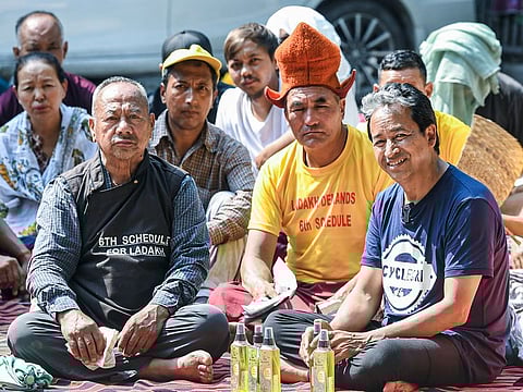 Activist Sonam Wangchuk (in blue T shirt) with supporters continue their indefinite fast demanding the inclusion of Ladakh in the Sixth Schedule