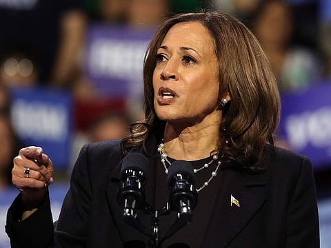 Democratic presidential nominee, Vice President Kamala Harris speaks during a campaign rally at Erie Insurance Arena on October 14, 2024 in Erie, Pennsylvania.