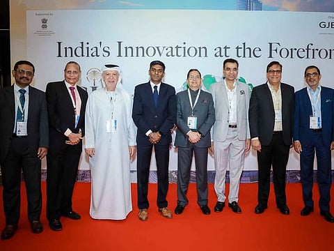(L-R) Sabyasachi Ray, Executive Director of GJEPC; Ramesh Vora, GJEPC Middle East Coordinators; Tamjid Abdullah, Group Deputy CEO, Jawhara Jewellery, UAE; Satish Kumar Sivan, Consul General of India, Dubai; Kirit Bhansali, Vice Chairman of GJEPC; Nirav Bhansali, Convener of National Exhibitions at GJEPC; Chandu Siroya, Vice Chairman of the Dubai Gold & Jewellery Group; KP Abdul Salam, Vice-Chairman, Malabar Gold & Diamonds