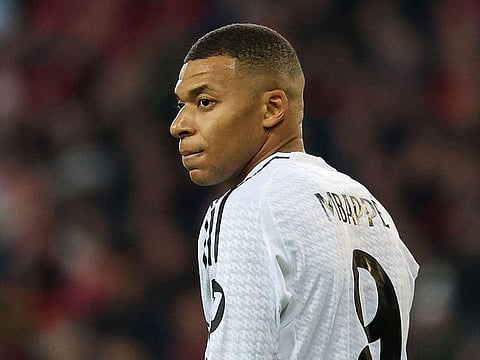 Real Madrid's French forward Kylian Mbappe looks on during the UEFA Champions League football match between Lille LOSC and Real Madrid at the Pierre Mauroy Stadium in Villeneuve-d'Ascq, northern France, on October 2, 2024.