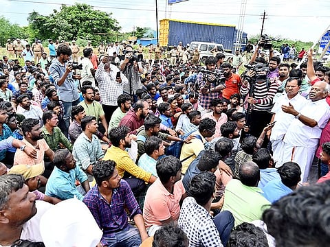 File photo: Communist Party of India (Marxist) party leader Soundararajan meets Samsung employees protesting over various demands, in Chennai last Wednesday.