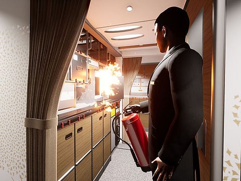 Cabin crew virtual reality safety training Emirates’ virtual reality SEP training for cabin crew features avatars in back-up roles and a host of scenarios for fires in ovens, overhead lockers and toilets.