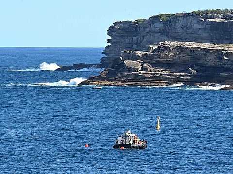 Port workers patrolling as they examin the waters of Maroubra Beach after authorities closed down two adjacent beaches in Sydney