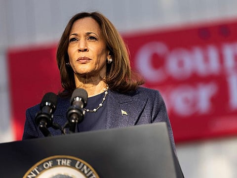 US Vice Preseident Vice President and Democratic presidential nominee Kamala Harris speaks at a campaign event at Washington Crossing Historic Park in Washington Crossing, Pennsylvania