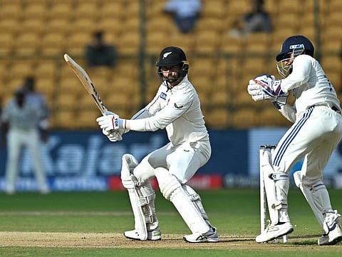 New Zealand's Devon Conway in action during the second day of the first Test cricket match against India at the M. Chinnaswamy Stadium in Bengaluru on Thursday.
