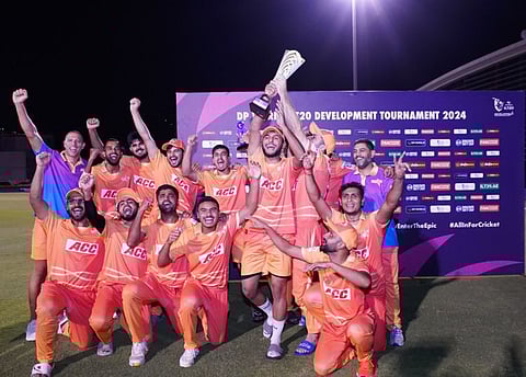 Gulf Giants Development team celebrate with the title after winning the DP World ILT20 Development Tournament at the ICC Academy on Wednesday.