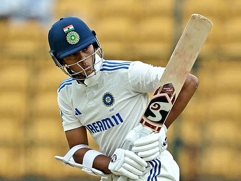 India’s Yashasvi Jaiswal plays a shot during the second day of the first cricket Test against New Zealand at the M. Chinnaswamy Stadium in Bengaluru on October 17, 2024. India slumped to 46 in the first innings.