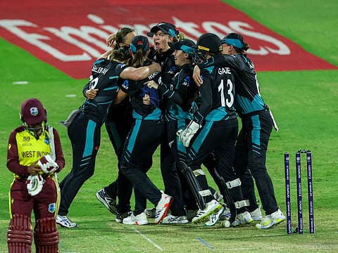 New Zealand players celebrate their win over West Indies in the second semi-final of ICC Women's T20 World Cup 2024, at Sharjah cricket stadium on Friday.