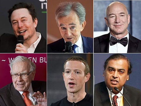 SUPER RICH CLUB (clockwise, from top left): Elon Musk, Bernard Arnault, Jeff Bezos, Mukesh Ambani, Mark Zuckerberg and Warren Buffett.