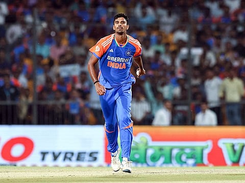 India's Washington Sundar in action during the first T20I match against Bangladesh, at New Madhavrao Scindia Cricket Stadium, in Gwalior.