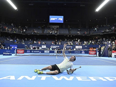 Spain's Roberto Bautista-Agut celebrates his victory over Czech Jiri Lehecka at the end of their men final tennis match at the ATP European Open Tennis tournament at the Lotto Arena in Antwerp, on Sunday.