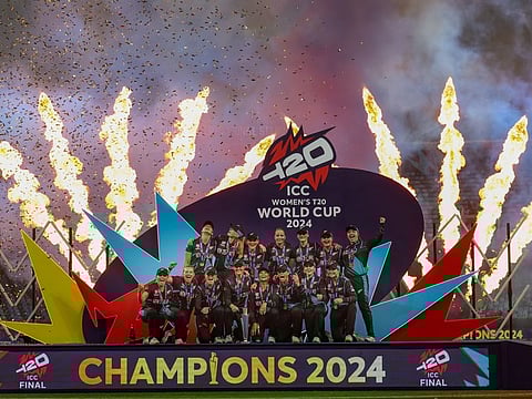 New Zealand players celebrate after winning the final of ICC Women's T20 World Cup 2024, defeating South Africa by 32 runs, at the Dubai International Cricket Stadium on Sunday.
