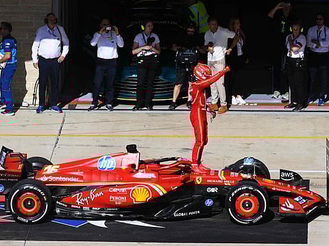 Race winner Charles Leclerc of Monaco and Ferrari celebrates in parc ferme during the F1 Grand Prix of United States at Circuit of The Americas on Sunday.