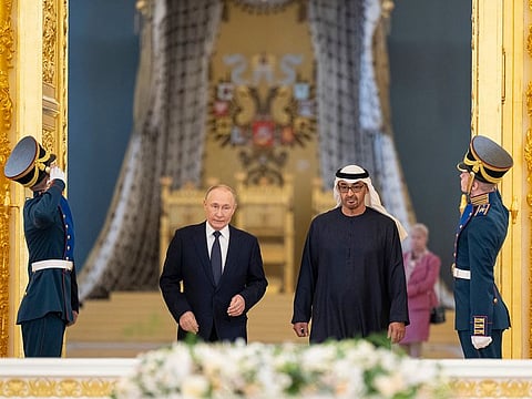 President His Highness Sheikh Mohamed bin Zayed Al Nahyan and Vladimir Putin, President of the Russian Federation, arrive for a meeting at the Kremlin in Moscow on Monday
