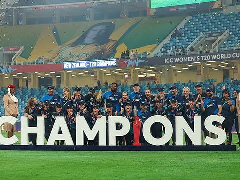 New Zealand players celebrate after winning the ICC Women's T20 World Cup 2024 final, defeating South Africa by 32 runs at Dubai International Stadium on October 20, 2024.