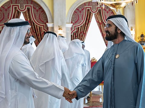 His Highness Sheikh Mohammed bin Rashid Al Maktoum, Vice President and Prime Minister of the UAE and Ruler of Dubai, at his Majlis at Zabeel Palace in Dubai on Tuesday