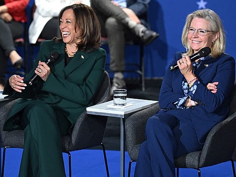 US Vice President and Democratic presidential candidate Kamala Harris (L) and former Representative Liz Cheney, Republican of Wyoming, hold a moderated town hall discussion at the Royal Oak Music Theatre in Royal Oak, Michigan, on October 21, 2024.