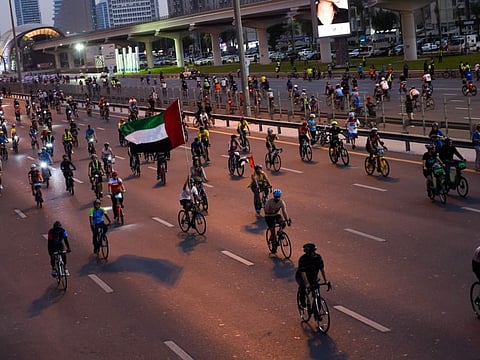 Cyclists riding on Sheikh Zayed road which turned into a cycling track for the third edition of Dubai Ride as part of Dubai Fitness Challenge on early Sunday morning . Photo: Virendra Saklani/Gulf News