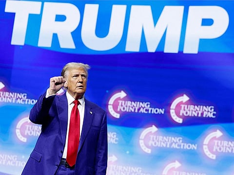 Republican presidential nominee, former US President Donald Trump speaks at a Turning Point Action campaign rally at the Gas South Arena on October 23, 2024 in Duluth, Georgia .