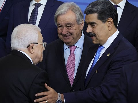 Palestinian President Mahmoud Abbas, UN Secretary General Antonio Guterres, Venezuelan President Nicolas Maduro and other participants in the outreach/BRICS Plus format meeting pose for a family photo during the BRICS summit in Kazan on October 24, 2024.