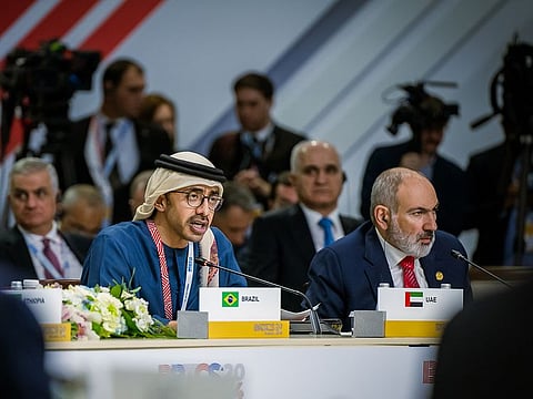 Sheikh Abdullah bin Zayed Al Nahyan, Deputy Prime Minister and Minister of Foreign Affairs, speaks during the BRICS Summit on Thursday, October 24, 2024, in Kazan, Russia.