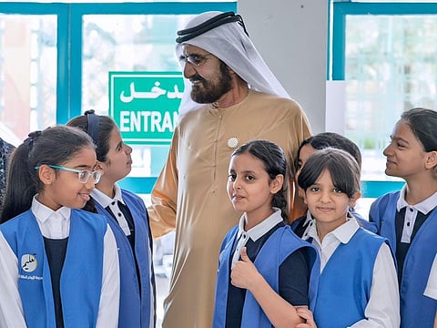 Sheikh Mohammed bin Rashid Al Maktoum interacting with students during his visit to Al Ebdaa Model School in Dubai on Thursday