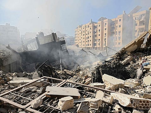 This picture shows the rubble of destroyed buildings at the site of Israeli airstrike that targeted the Laylaki neighbourhood in Beirut's southern suburbs on October 24, 2024, amid the ongoing war between Israel and Hezbollah.
