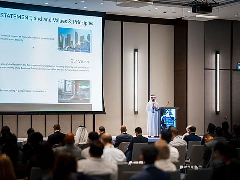 Khalid Alzaabi, Senior Specialist, AML Executive Office, addresses the audience on the inaugural day of the Corporate Tax and Compliance Summit, organised by Meydan on October 8 at Address Sky View, Downtown Dubai