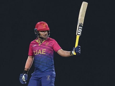 Rahul Chopra celebrates his half-century against India A in the Emerging Teams Asia Cup in Oman.